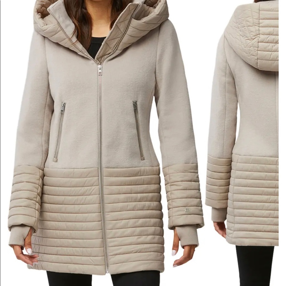 SOIA & KYO - AVERY Mixed Media Mid Length Coat with Hood (Fawn color)